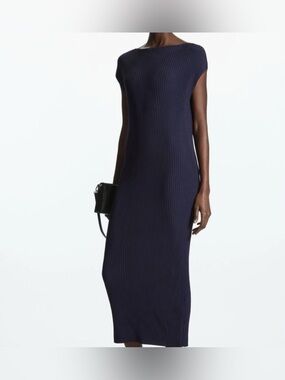 COS Navy Ribbed Boatneck Midi Dress